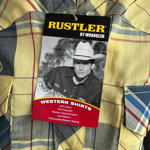 VINTAGE NWT Rustler Wrangler Size M Shirt Western Cowboy Pearl Snap Plaid - Picture 2 of 9